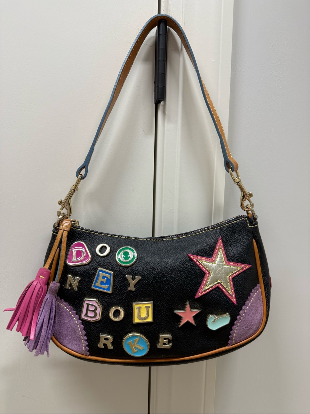 Dooney & Bourke Black Leather Shoulder Bag with Colorful Patches